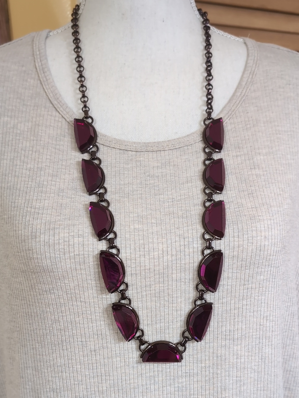 Coldwater Creek Deep Plum Faceted Glass Link Necklace with Antique Bronze Chain